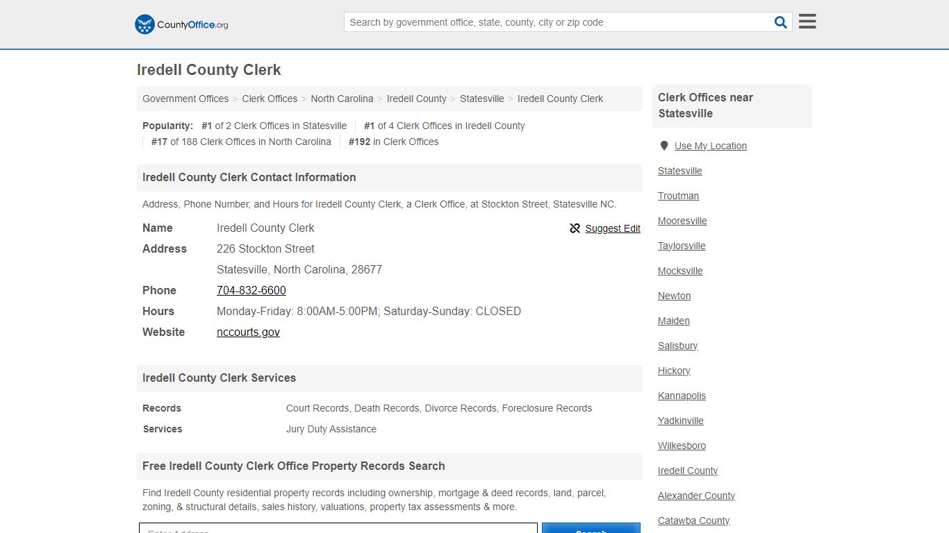 Iredell County Clerk - Statesville, NC (Address, Phone, and Hours)